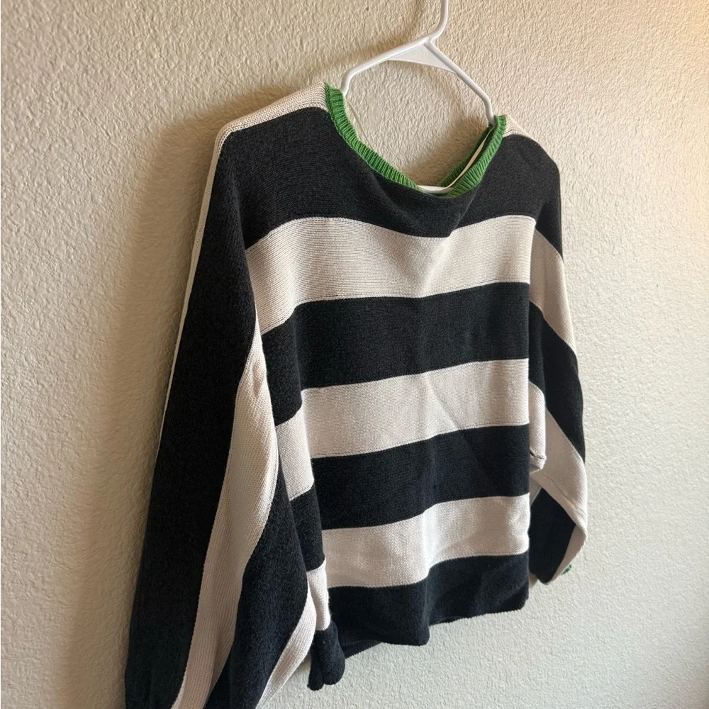 Maeve Anthropologie Slouchy Boatneck Black & White Striped Sweater Green Touch - Picture 3 of 10